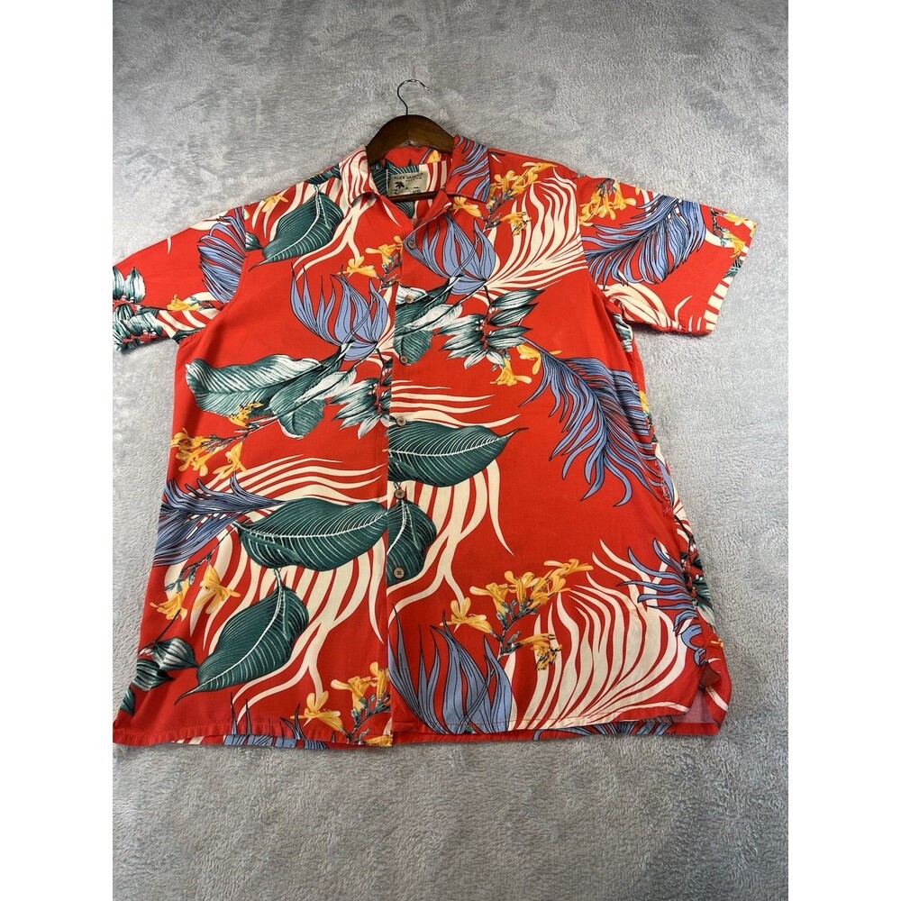 Alex Vando Shirt Mens Medium Red Hawaiian Tropical Print Aloha Rayon Button Up